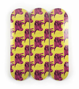 Skateboard / set of 3 / cow / Andy Warhol / yellow &amp; pink 