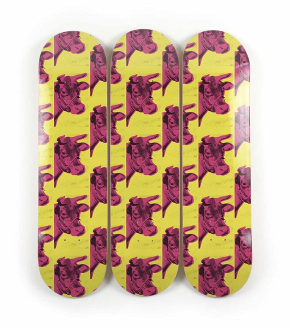 Skateboard / set of 3 / cow / Andy Warhol / yellow & pink 